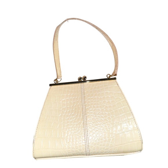Vintage Liz Claiborne Mini Bag Bone Faux Leather  Classic Kiss Lock Faux Croc - Picture 1 of 12
